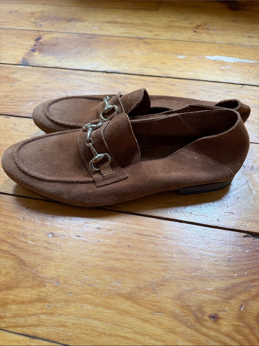 Brown Suede Chain-Trim Loafers
